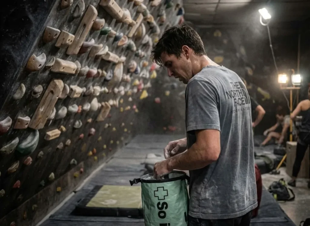 Climber in a The North Face shirt chalking up from a So iLL bucket in a gritty climbing gym training area.