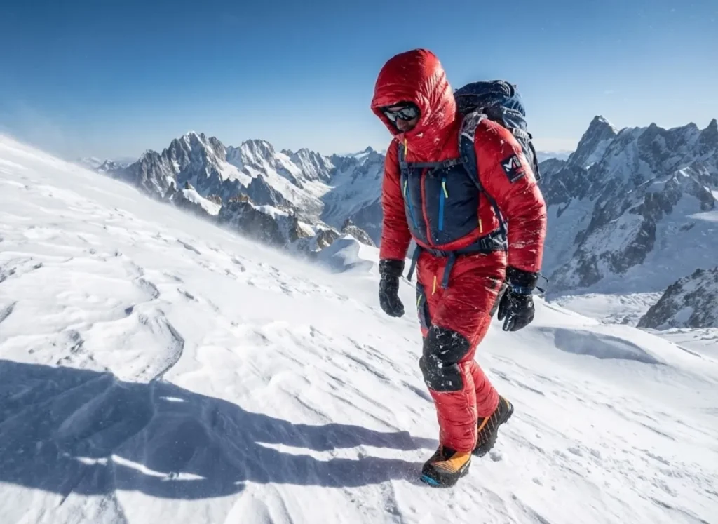 Mountaineer climbing in snow wearing Millet Trilogy suit, Scarpa Phantom 6000 boots, and Julbo glacier glasses.