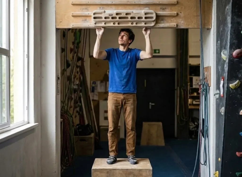 A climber performing a safety assessment on a hangboard with feet supported on a box.