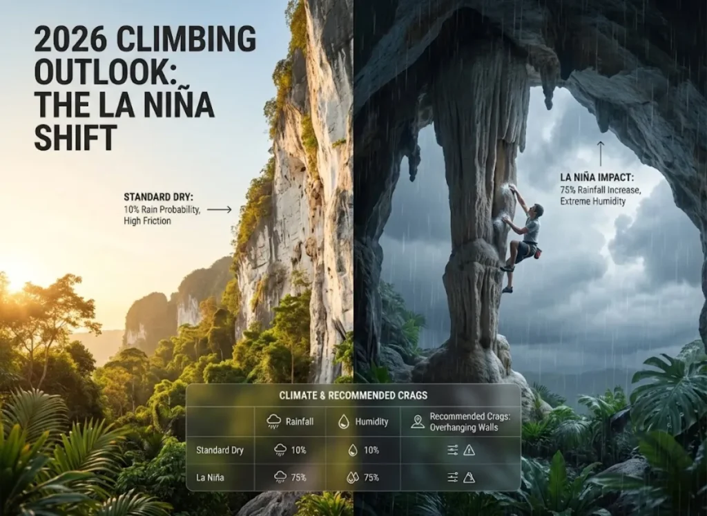 A sophisticated 3D split-view infographic illustrating the difference between a standard dry season and the 2026 La Niña season for rock climbing in Southeast Asia. The visual features a limestone cliff with comparative data labels on rainfall, humidity, and climbing strategy, rendered in a premium vector-realism style.