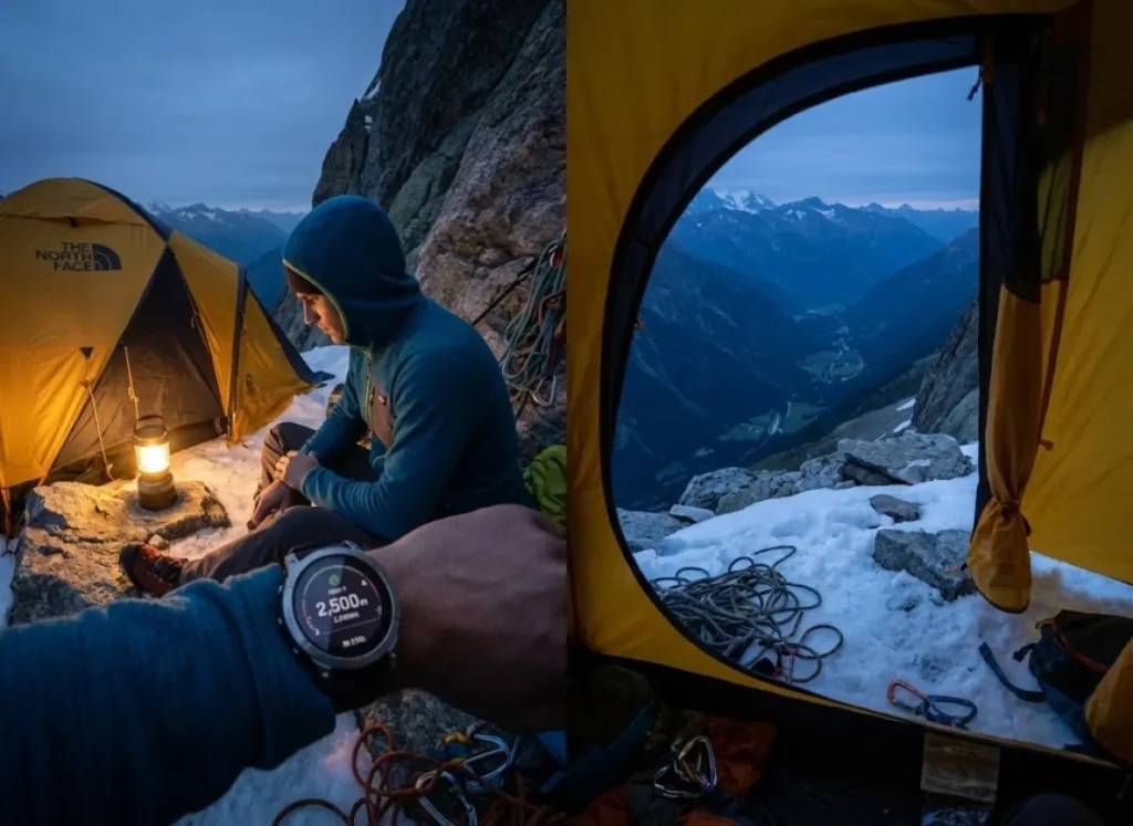 A climber inside a yellow The North Face tent checking a Garmin watch, overlooking a low valley at twilight.