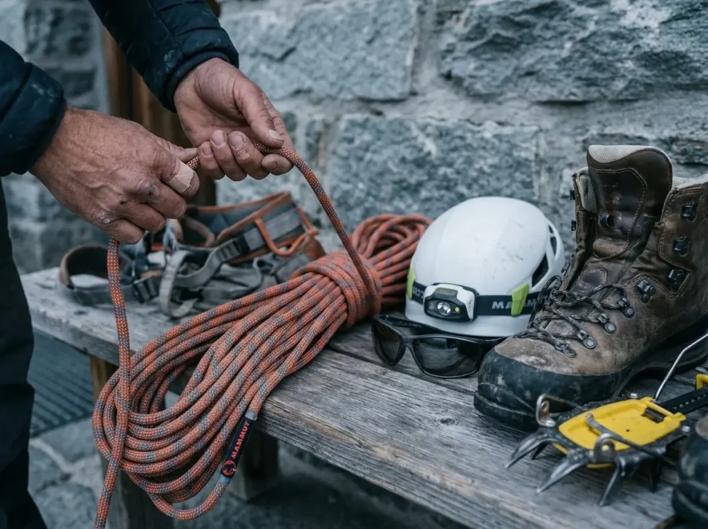 Climber checking alpine gear and flaking a rope outside the Hörnli Hut before a Matterhorn climb