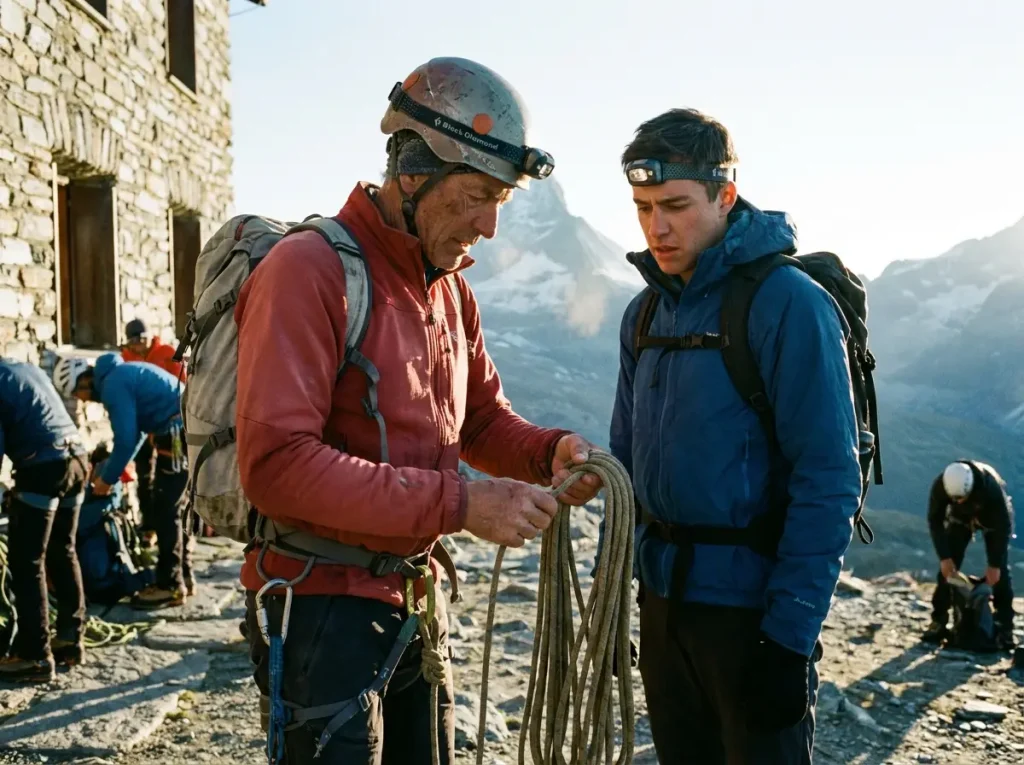 Mountain guide and client roping up outside the Hörnli Hut before climbing the Matterhorn