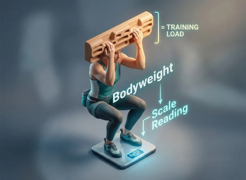An educational illustration showing the "No-Hang" climbing training method. A climber pulls on a hangboard while standing on a digital scale, with a visual overlay explaining the math: Bodyweight minus Scale Reading equals Training Load.