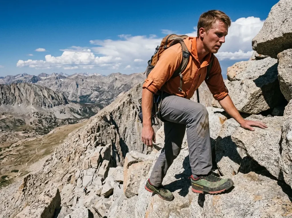 Climber scrambling class 3-4 granite in approach shoes on the Grand Teton Owen Spalding route