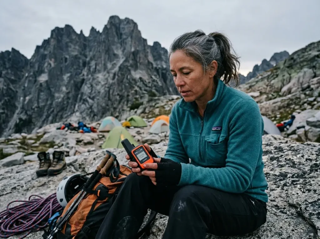 Climber checking a satellite communicator at the Lower Saddle before the Owen Spalding climb