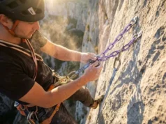 PAS vs Daisy Chain: The Definitive Anchor Safety Guide A climber hanging from a steep rock face clipping a personal tether into metal anchor chains.
