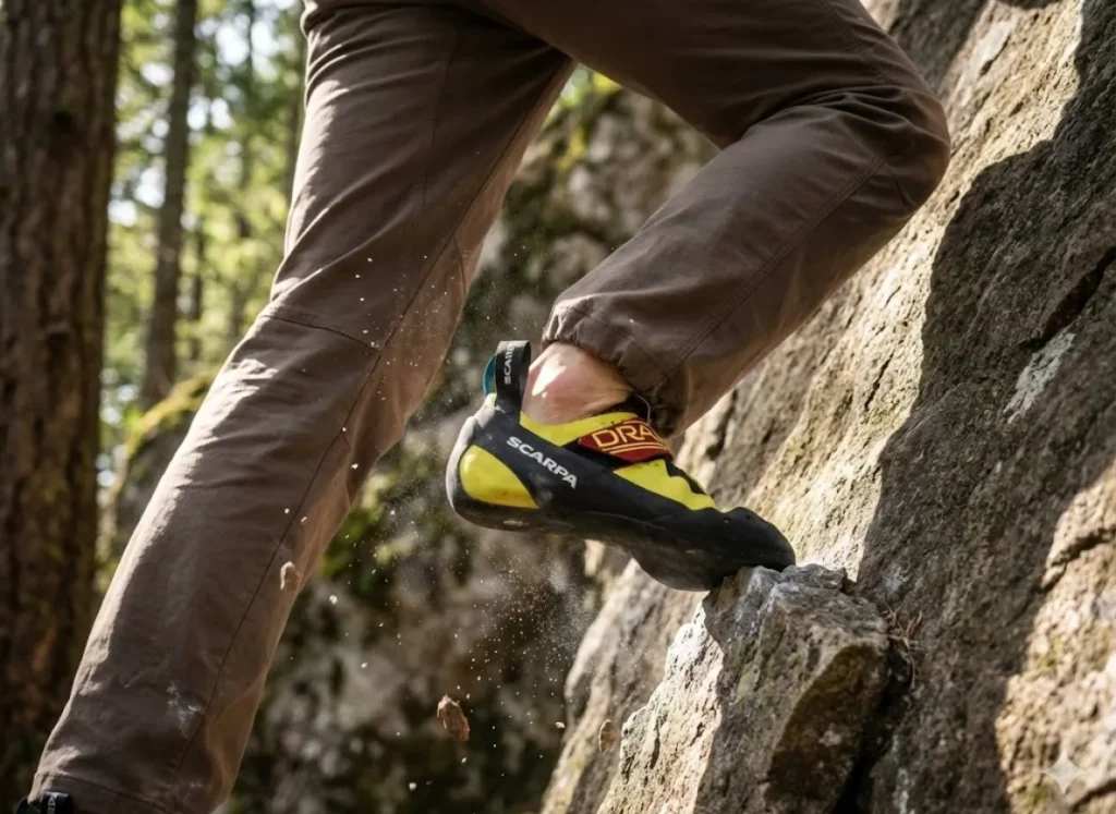 Close up of Scarpa Drago climbing shoes and Prana pants engaging muscles for a triple extension launch on a rock face.