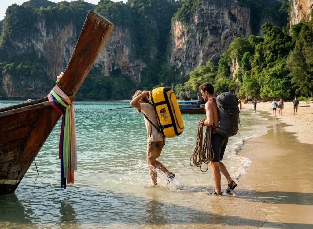 Climbers carrying The North Face and Osprey gear wading ashore from a longtail boat at Tonsai Beach.