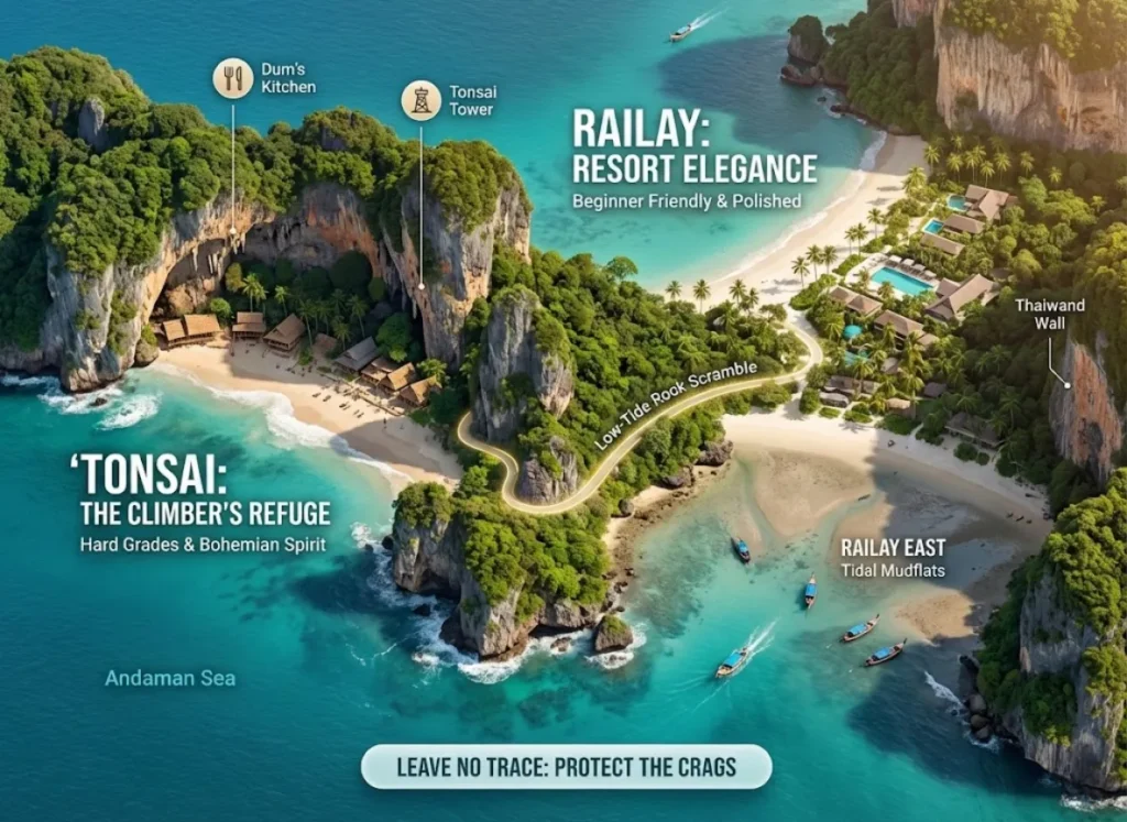 A premium 3D isometric infographic of the Phra Nang Peninsula in Thailand, comparing Railay and Tonsai beaches. The visual features lush limestone karsts, turquoise waters, and elegant text labels identifying 'Tonsai: Hard Grades & Bohemian Vibe' and 'Railay: Resort Luxury & Beginner Friendly,' blending map-like precision with cinematic digital art.