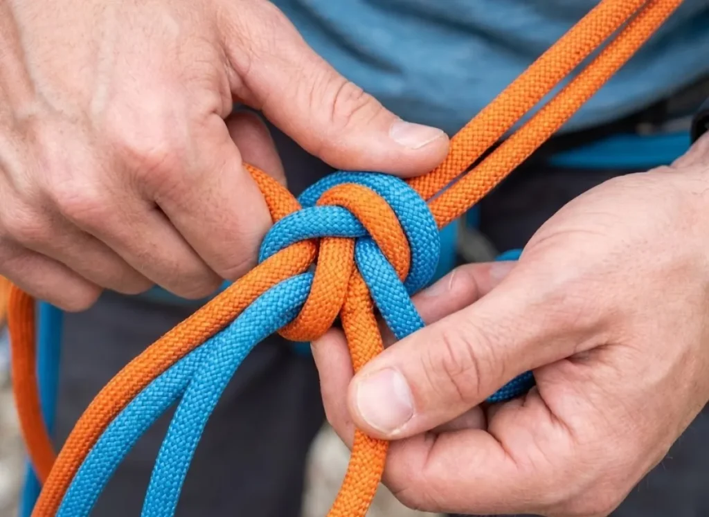 A detailed top-down view of a climber's clean hands tying a perfect Flat Overhand Bend (EDK) with two different colored Mammut climbing ropes.