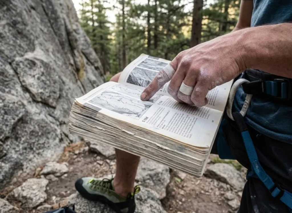 Climber wearing La Sportiva TC Pros pointing at a route grade in a printed guidebook.