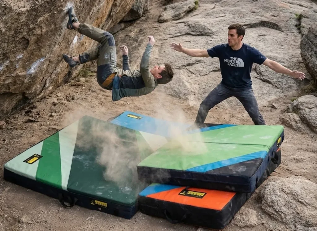 Spotter in The North Face shirt protecting a climber falling onto Organic Climbing crash pads using proper safety technique.
