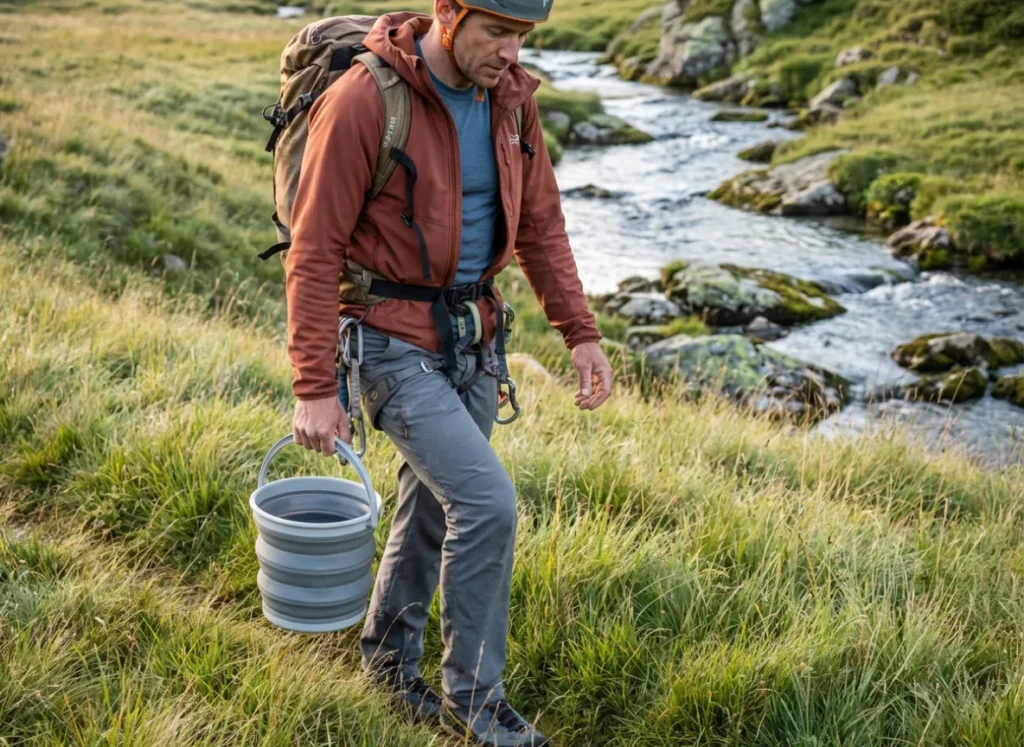 A climber with an Osprey pack carries water away from a stream to wash gear, following Leave No Trace principles.