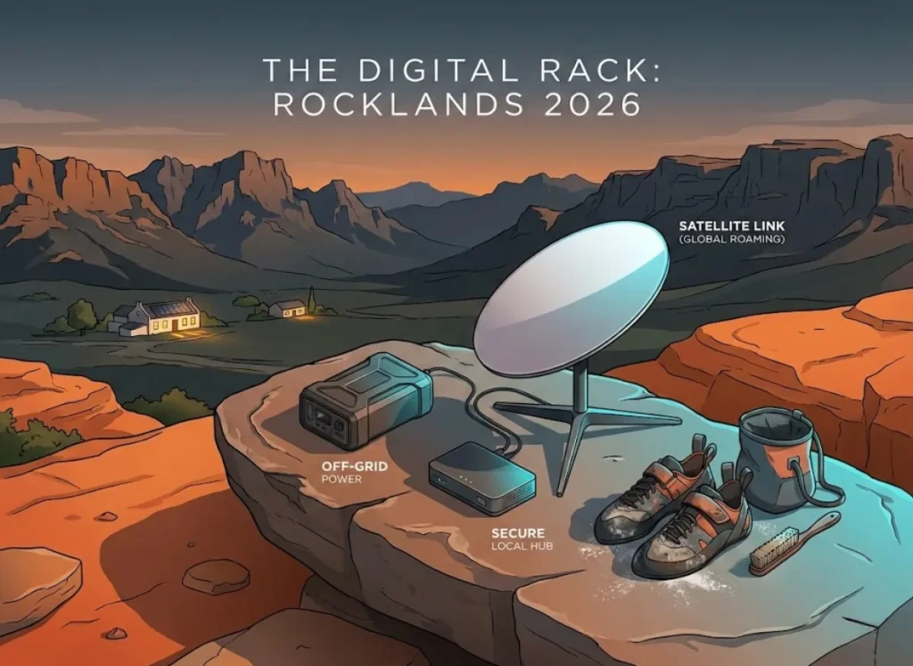 A premium editorial infographic titled 'The Digital Rack' showcasing essential connectivity gear for bouldering in Rocklands, South Africa, featuring a Starlink Mini, power station, and climbing equipment integrated into a rugged wilderness landscape.