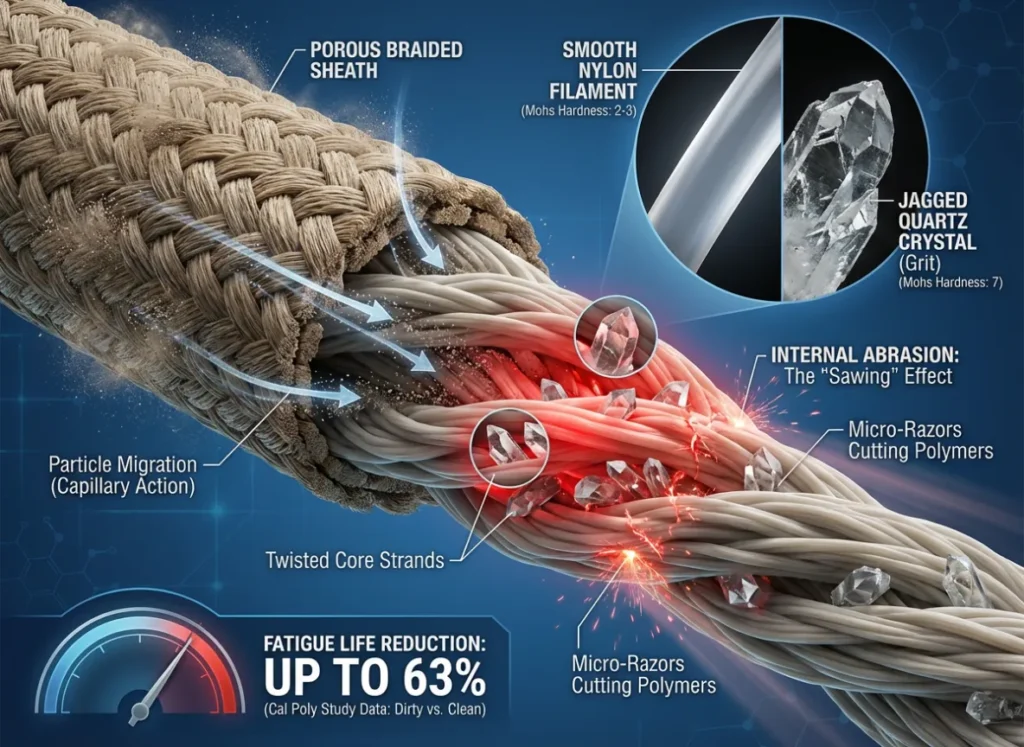 A technical infographic illustrating how dirt damages climbing ropes. A cross-section of a kernmantle rope shows sharp quartz crystals migrating through the porous sheath into the core strands. A macro inset compares smooth nylon filaments (Mohs 2-3) with jagged quartz grit (Mohs 7), showing the grit sawing through the fibers. Data text highlights a "63% Fatigue Life Reduction."