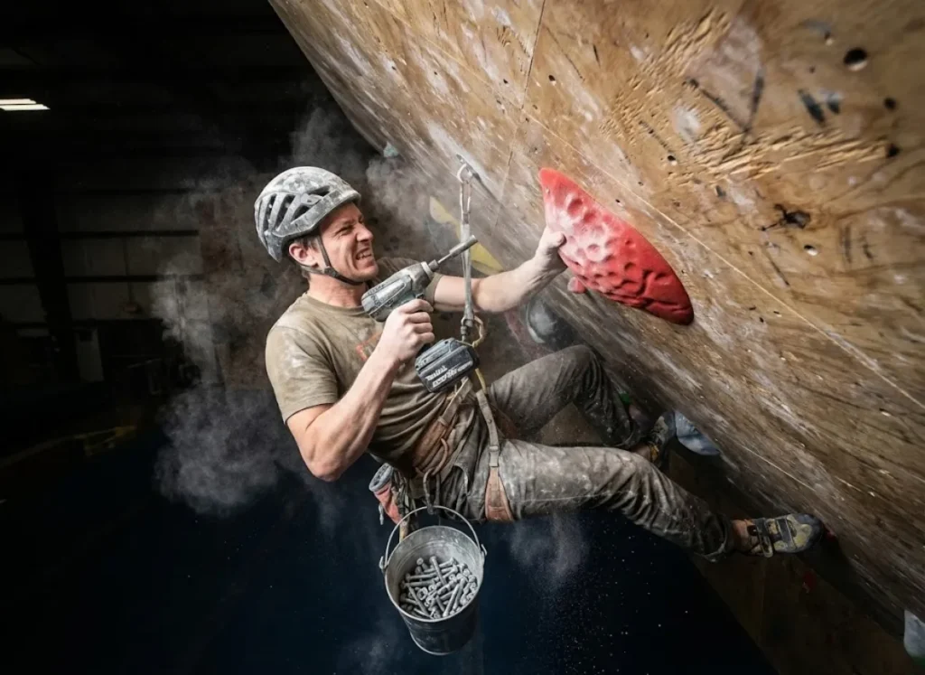 A professional routesetter hanging from a rope on a steep climbing wall, drilling a climbing hold into place.