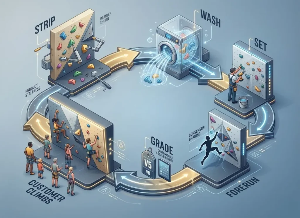 A visually engaging 3D isometric infographic detailing the manufacturing lifecycle of a boulder problem in a climbing gym. It shows a circular flow from 'Strip' and 'Wash' of holds, to 'Set,' 'Forerun,' 'Grade,' and 'Customer Climbs,' emphasizing the continuous production cycle. Key terms are integrated as text.