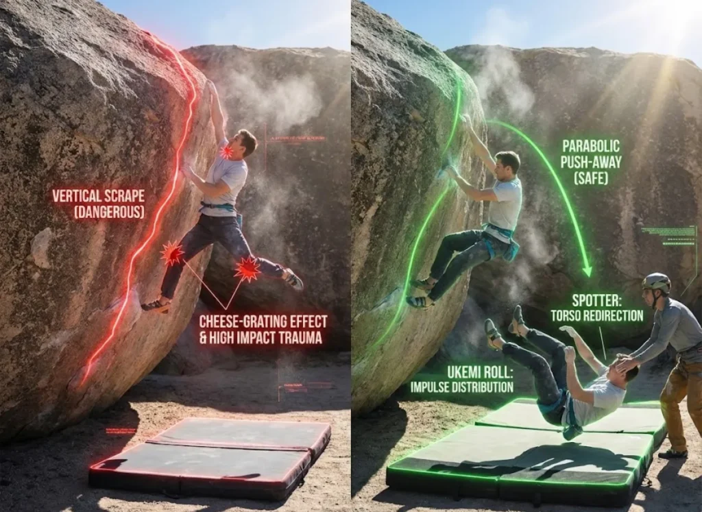 A sophisticated semantic infographic comparing bouldering falls. The left side, labeled "VERTICAL SCRAPE (DANGEROUS)," shows a climber falling straight down against rock with a red trajectory line, indicating "CHEESE-GRATING EFFECT." The right side, labeled "PARABOLIC PUSH-AWAY (SAFE)," shows a climber pushing off the wall in a green arc towards extended crash pads, initiating a "UKEMI ROLL," with a spotter performing "TORSO REDIRECTION."