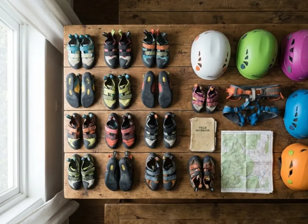 A flat lay collection of kids climbing shoes, harnesses, and helmets organized for review.