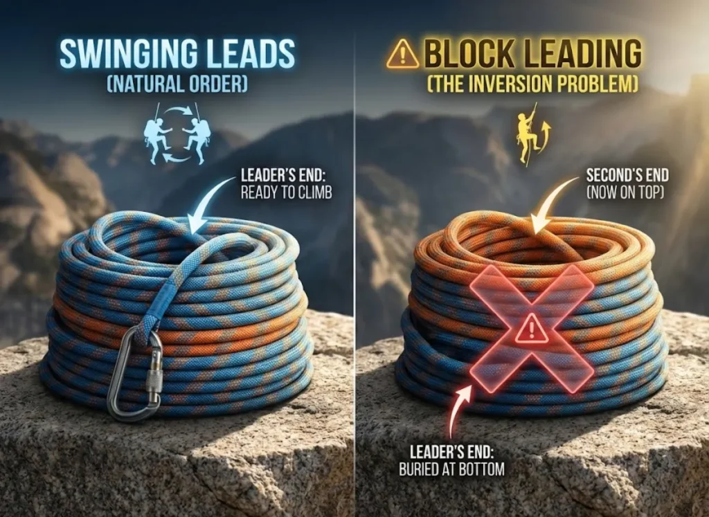 A comparative semantic infographic on a granite ledge illustrating rope stack topology in climbing. The left panel, labeled "SWINGING LEADS," shows a neat rope pile with the blue "Leader's End" correctly on top. The right panel, labeled "BLOCK LEADING (THE PROBLEM)," shows the blue "Leader's End" buried at the bottom of the stack, with a warning icon indicating the inversion.