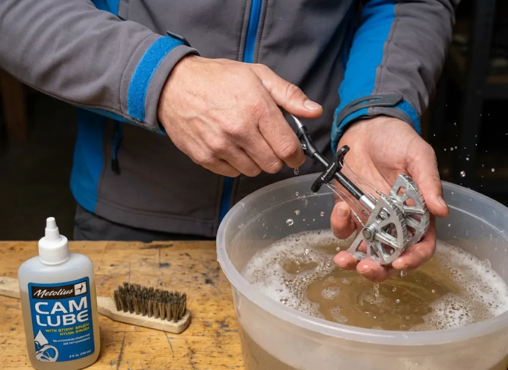 Washing a Black Diamond Camalot Ultralight in soapy water with Metolius Cam Lube ready for application.