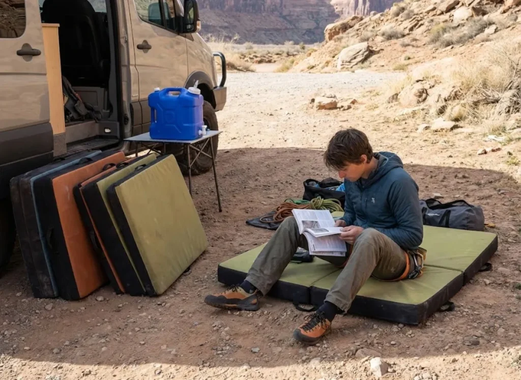 A sustainable climbing camp setup in the desert with crash pads and gear organized at a designated campsite.