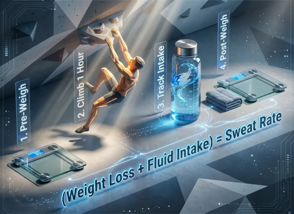 A premium 3D isometric infographic illustrating the climbing sweat rate protocol. Four stages—Pre-Weigh, 1 Hour Climb, Fluid Tracking, and Post-Weigh—lead to a central formula calculation for hydration strategy.