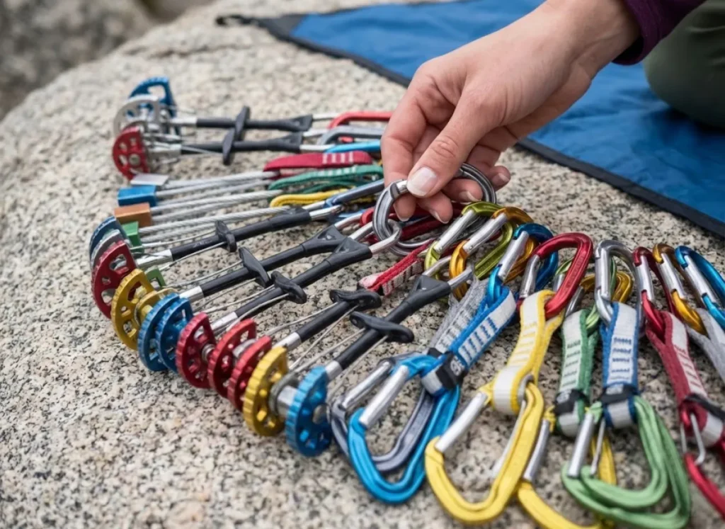 A close-up layout of expensive rock climbing protection gear, including cams and carabiners, resting on a rock.