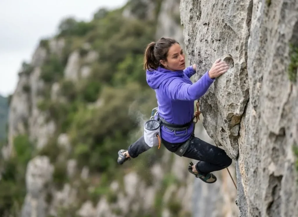 Climber in Arc'teryx hoodie and Petzl gear latching a limestone hold at the deadpoint of a dynamic move.