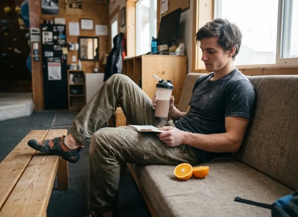 A climber drinking a recovery shake and resting on a bench after a workout.