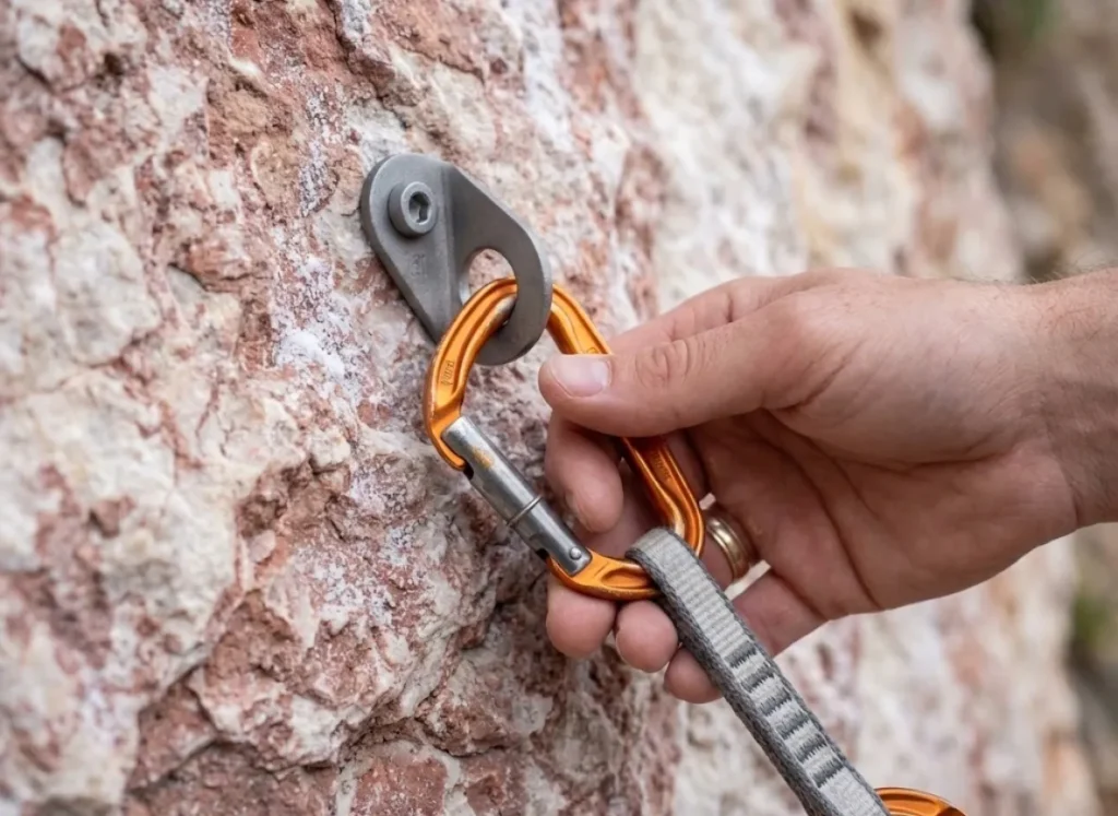 Close up of a Petzl quickdraw being clipped into a safe matte grey Titanium glue-in bolt on limestone.