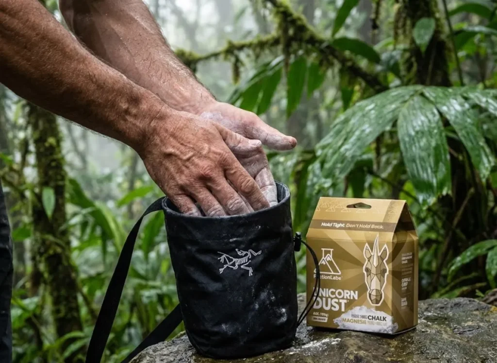 Close up of climber's hands using Arc'teryx chalk bag and FrictionLabs chalk in humid conditions.