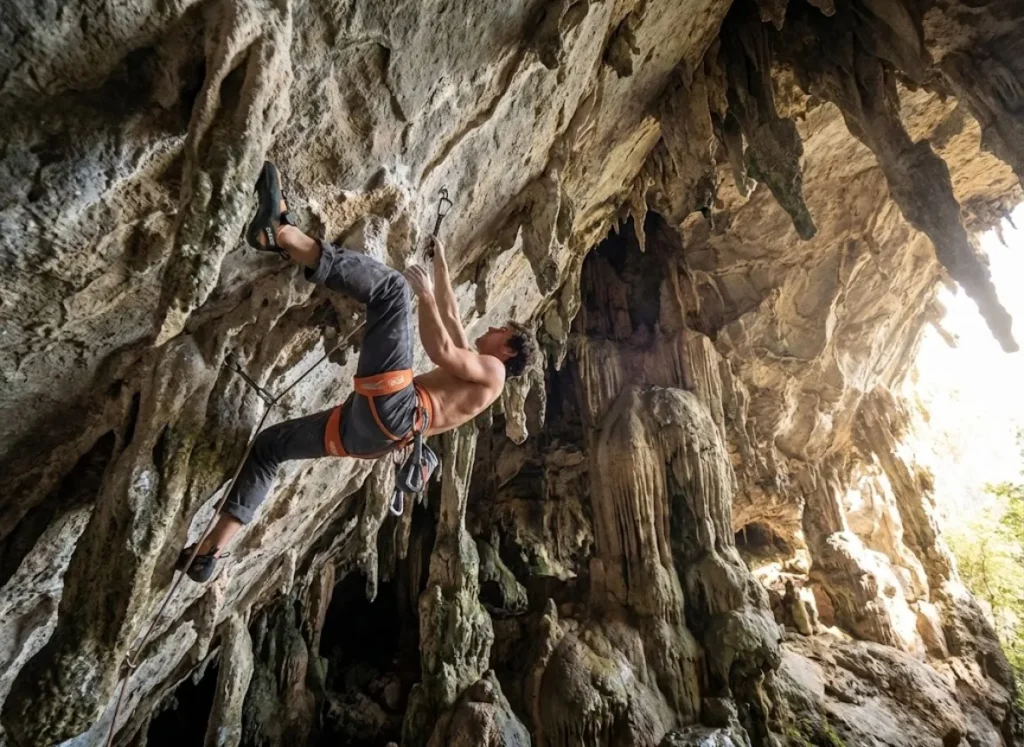 Climber in Petzl harness using a knee-bar on a steep limestone stalactite formation in Thailand.
