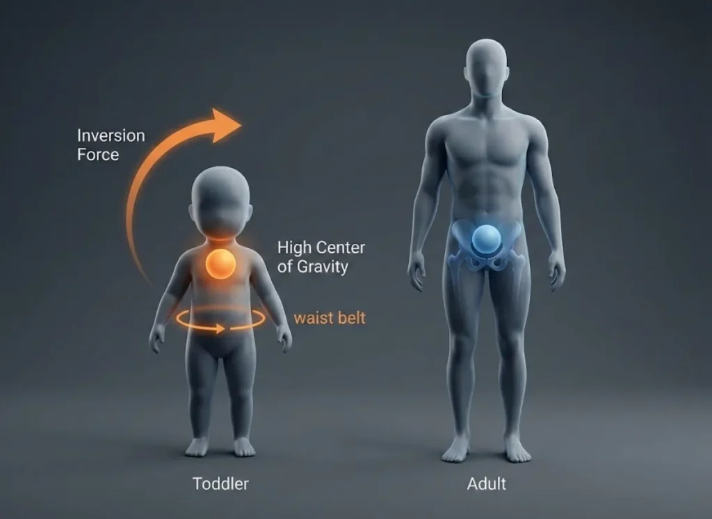 A sophisticated 3D infographic comparing the anatomy of a toddler and an adult. It highlights the toddler's high center of gravity and lack of hip bones, illustrating the physics of "Inversion Force" that causes backward flipping in standard harnesses.