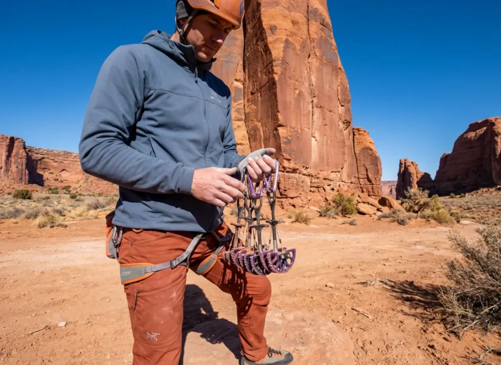 A climber at Indian Creek holding dusty Totem Cams, illustrating the environmental causes of gear failure.