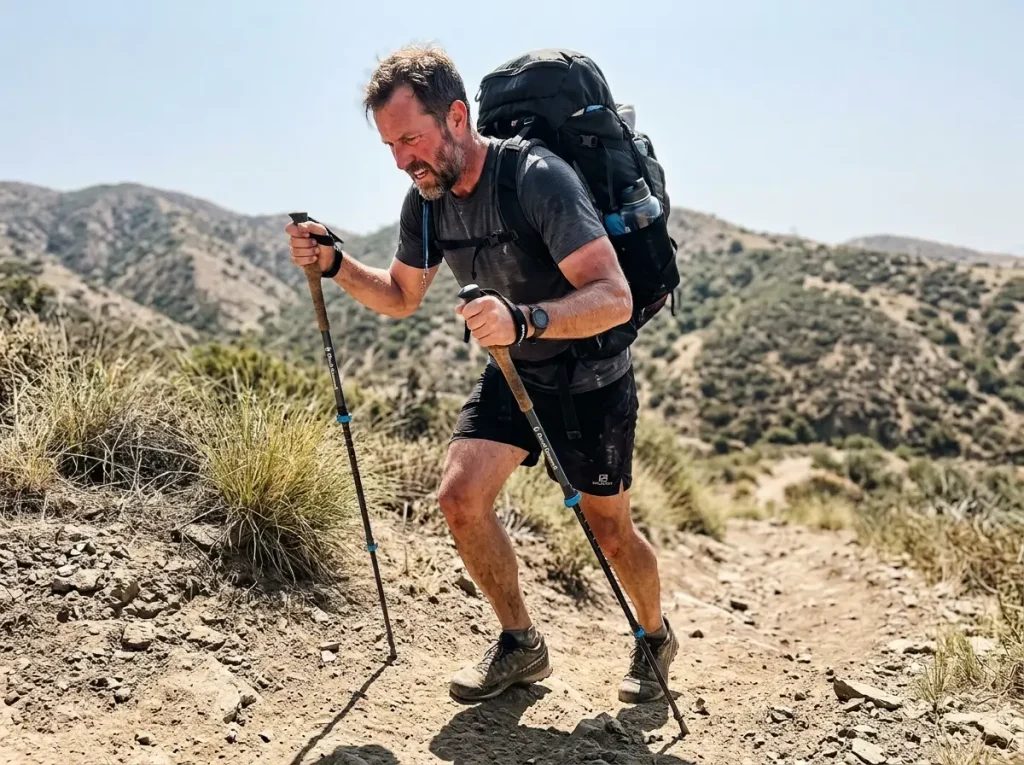 Climber training with a heavy weighted pack on a steep dusty hill, poles in both hands
