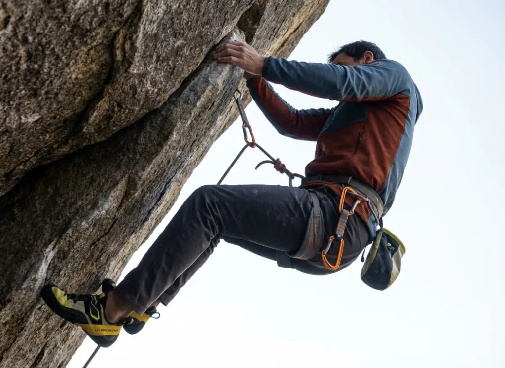 Climber wearing La Sportiva shoes using a Petzl quickdraw to tram into the wall on a steep overhang.