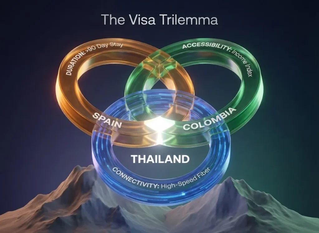 A 3D isometric infographic illustrating the 'Visa Trilemma' for digital nomad climbers. Three glowing, translucent rings representing Duration, Accessibility, and Connectivity intersect over a stylized mountain landscape, with country names 'Spain', 'Colombia', and 'Thailand' integrated into the overlapping sections.