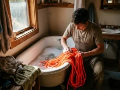 How to Wash Climbing Rope: Science & Sustainability Climber wearing an Arc'teryx shirt washing a neon orange Petzl Volta rope in a bathtub full of soapy water.