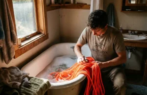 How to Wash Climbing Rope: Science & Sustainability Climber wearing an Arc'teryx shirt washing a neon orange Petzl Volta rope in a bathtub full of soapy water.