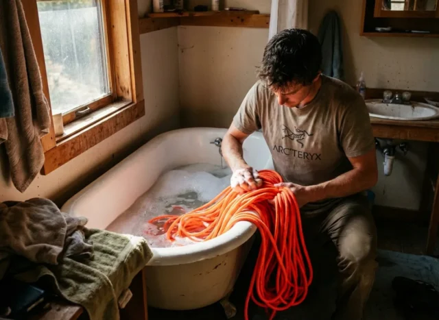 washing-petzl-rope-cabin Climber wearing an Arc'teryx shirt washing a neon orange Petzl Volta rope in a bathtub full of soapy water.