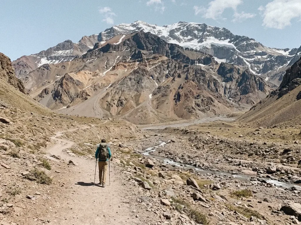 Lone climber dwarfed below Aconcagua's massive ochre bulk on the approach to base camp