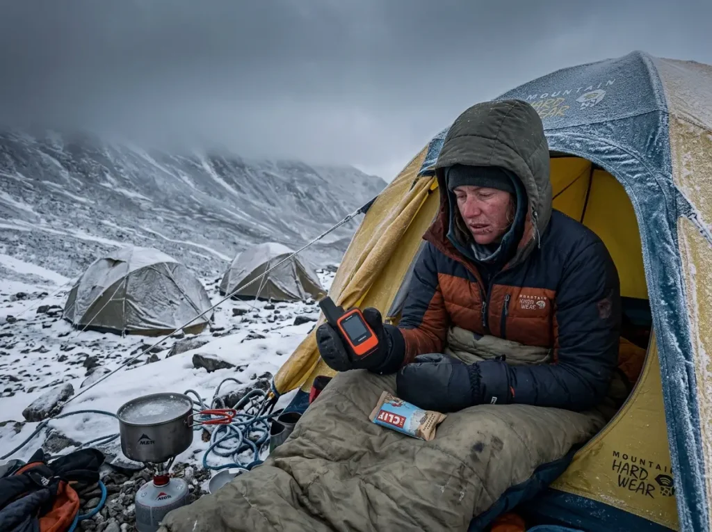 Exhausted climber resting at a high camp tent on Aconcagua, weighing the call to turn back