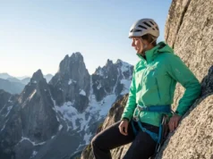 Zero Error Descent: A Closed System Guide on How to Rappel A professional female climber in pristine Arc'teryx gear stands at the edge of a granite cliff, preparing her rappel system under bright, clear mountain sunlight.