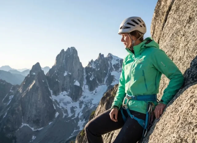 zero-error-descent-guide-to-rappelling A professional female climber in pristine Arc'teryx gear stands at the edge of a granite cliff, preparing her rappel system under bright, clear mountain sunlight.