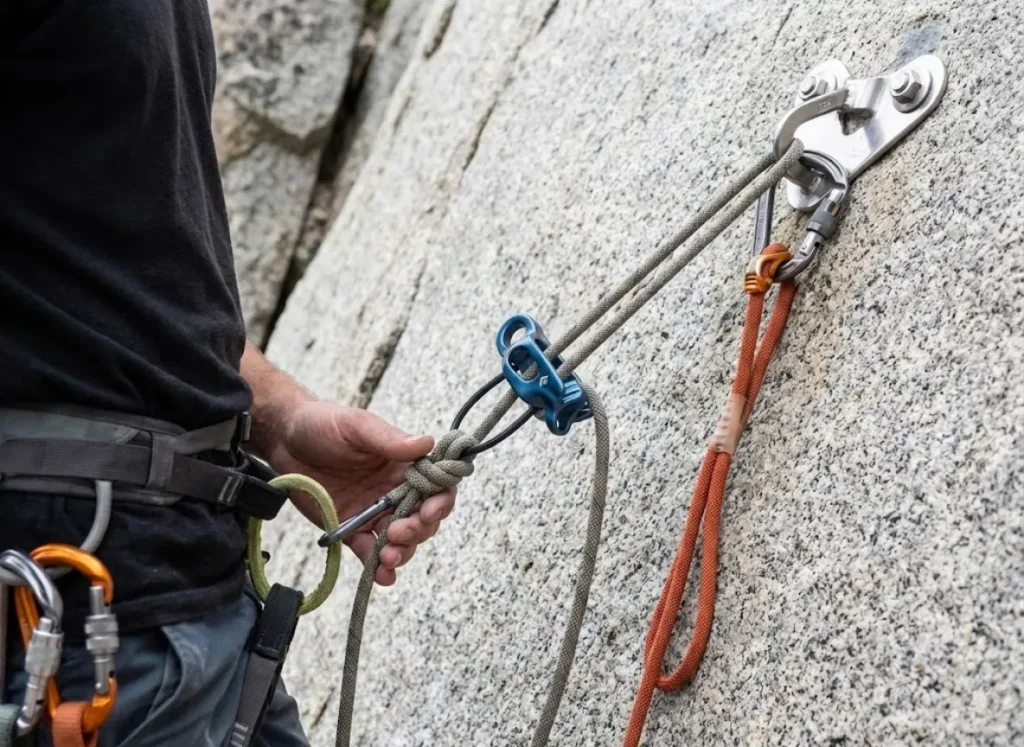 A close-up of a climber's harness at an anchor, demonstrating the "Tether-Weight-Transfer" protocol by weighting the rappel device while a slack PAS is still attached.