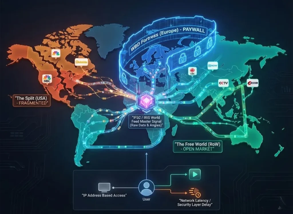 A futuristic infographic displaying a stylized world map divided into three digital zones, illustrating the 2026 IFSC World Feed broadcast rights. A central glowing hub labeled "IFSC / IRIS World Feed Master Signal" sends data streams that are blocked by blue digital walls in Europe, split in orange North America, and flow freely in green areas elsewhere. Text labels define the zones: 'WBD Fortress (Europe)', 'The Split (USA)', and 'The Free World (RoW)', with icons for paywalls, latency, and IP addresses. The aesthetic is premium vector-realism with volumetric lighting.