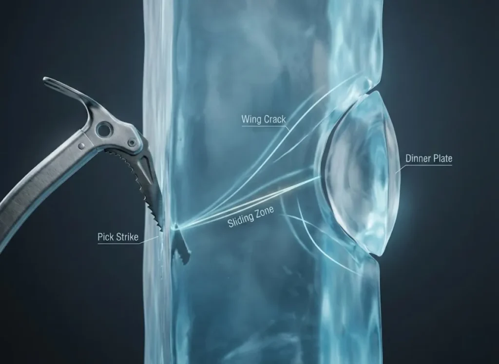 A stunning high-definition cross-section diagram illustrating the physics of ice climbing. It shows an ice axe pick striking glacial ice, creating internal frictional sliding that evolves into curved "Wing Cracks," resulting in a "Dinner Plate" detachment.