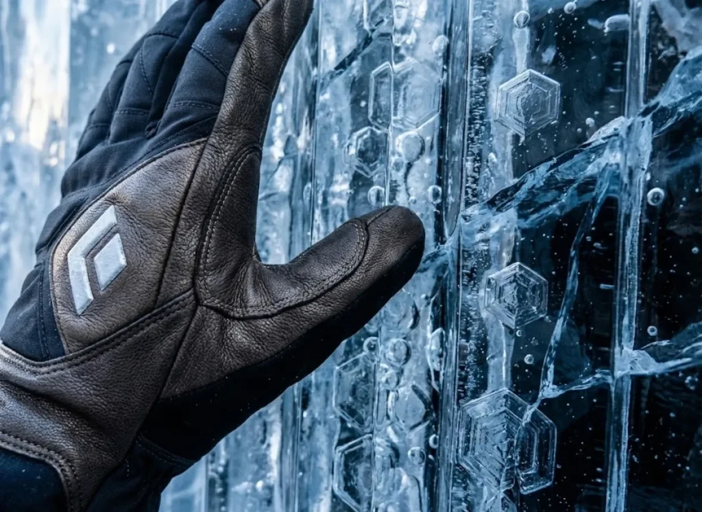 Macro photography of a climber's gloved hand resting on deep blue columnar ice, revealing the hexagonal crystal structure and brittle surface texture.